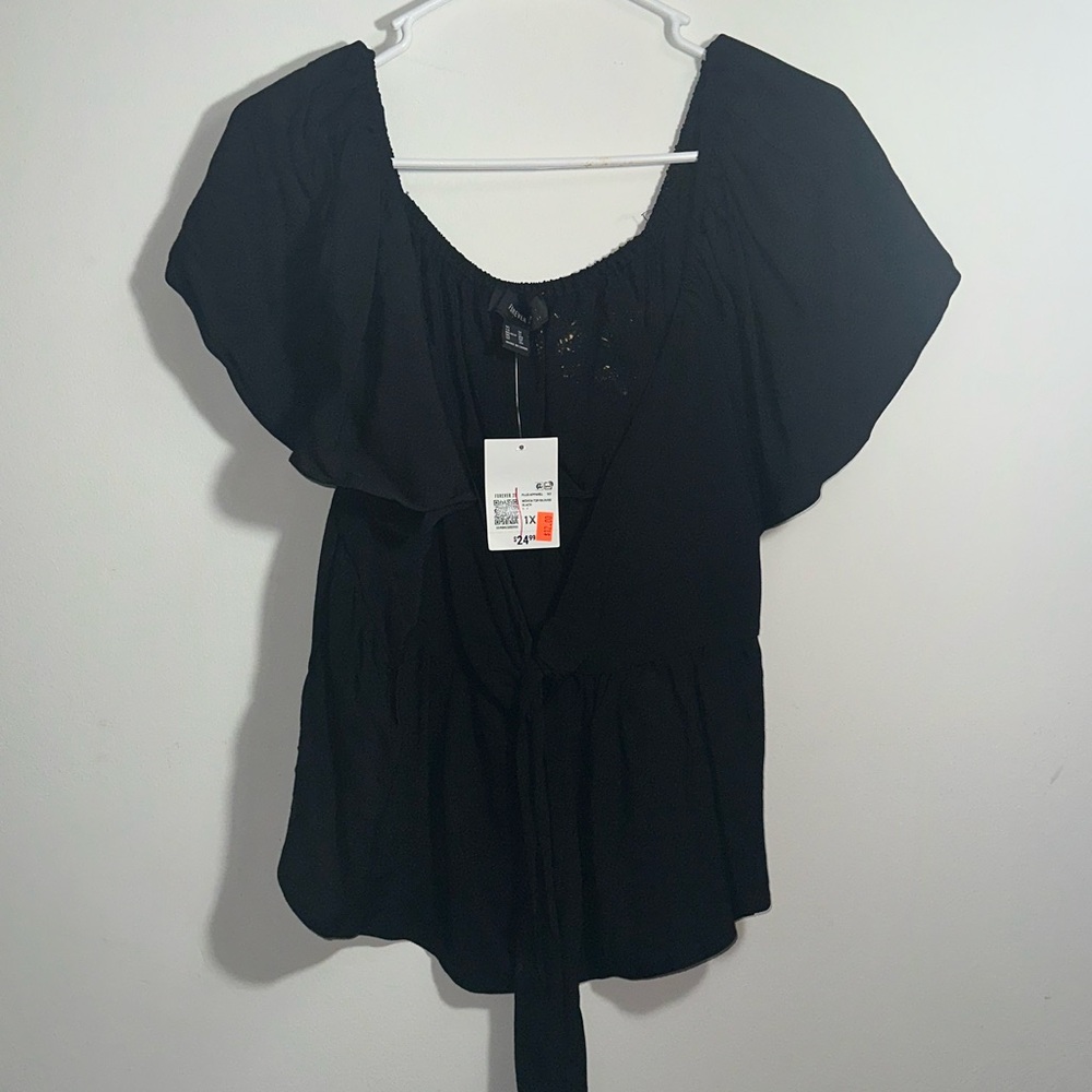 Forever 21 Black Blouse with Scoop Neck Ruffled Tie Front
